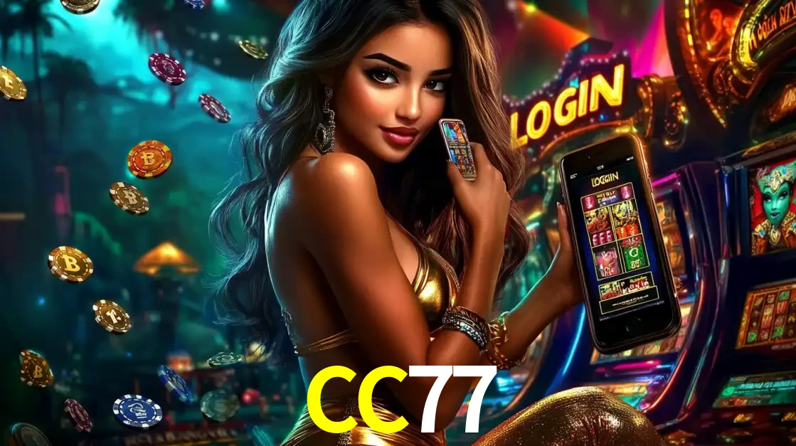 Mulher em um cenário de cassino temático de aventura, mostrando o app de caça-níqueis da CC77 no celular. Fichas de apostas flutuam ao redor.