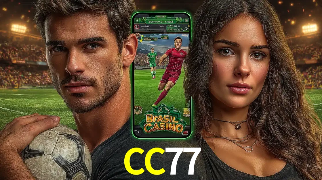 Homem segurando uma bola de futebol e uma mulher ao lado de um smartphone exibindo o jogo de apostas esportivas da CC77. Faça seu palpite no cassino online.